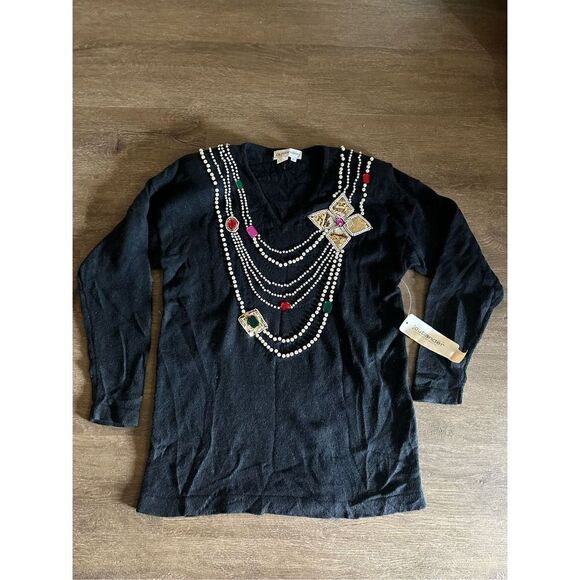Vtg 90s Outlander Women’s Black Angora Rabbit Hair and Silk Blend Jewels Beads L - Picture 2 of 11